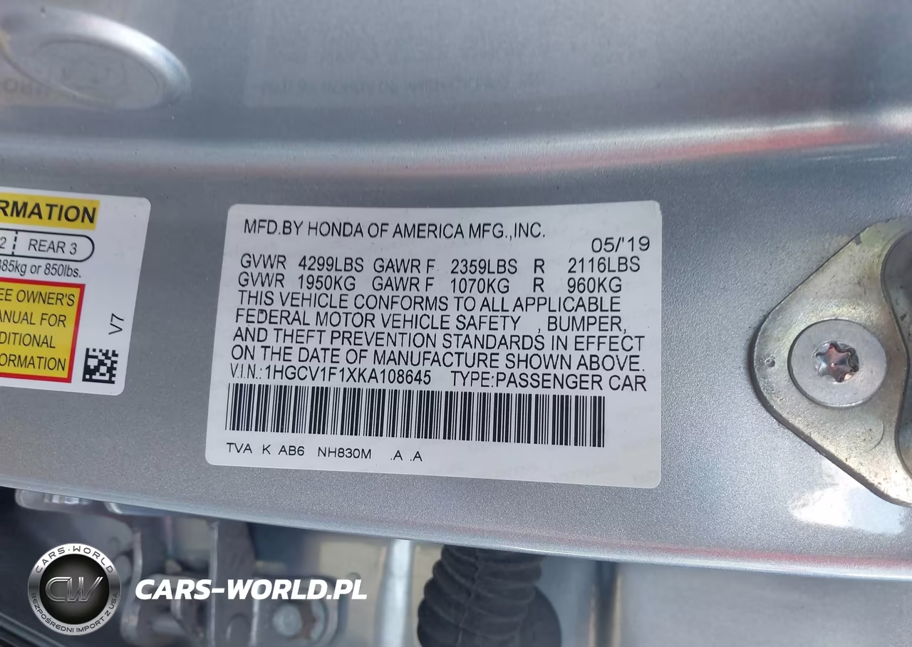 2019 Honda Accord Lx VIN:1HGCV1F1XKA108645 - 9