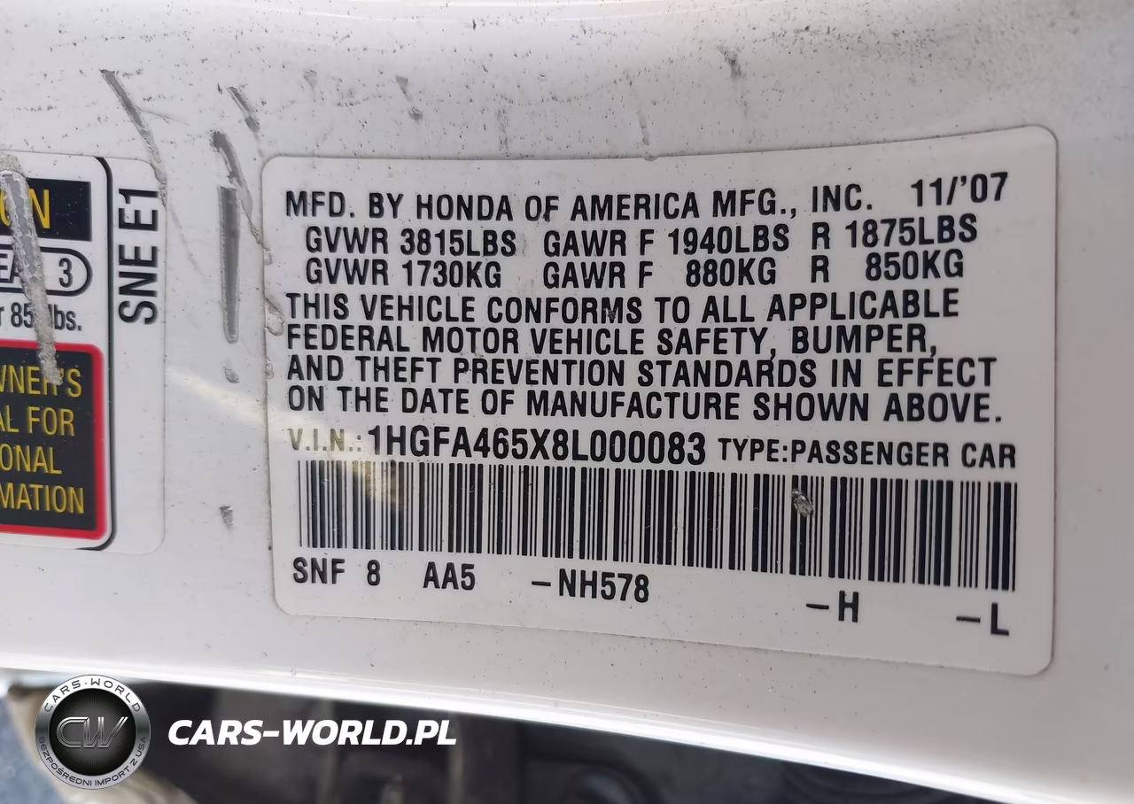2008 Honda Civic Sdn Gx VIN:1HGFA465X8L000083 - 9