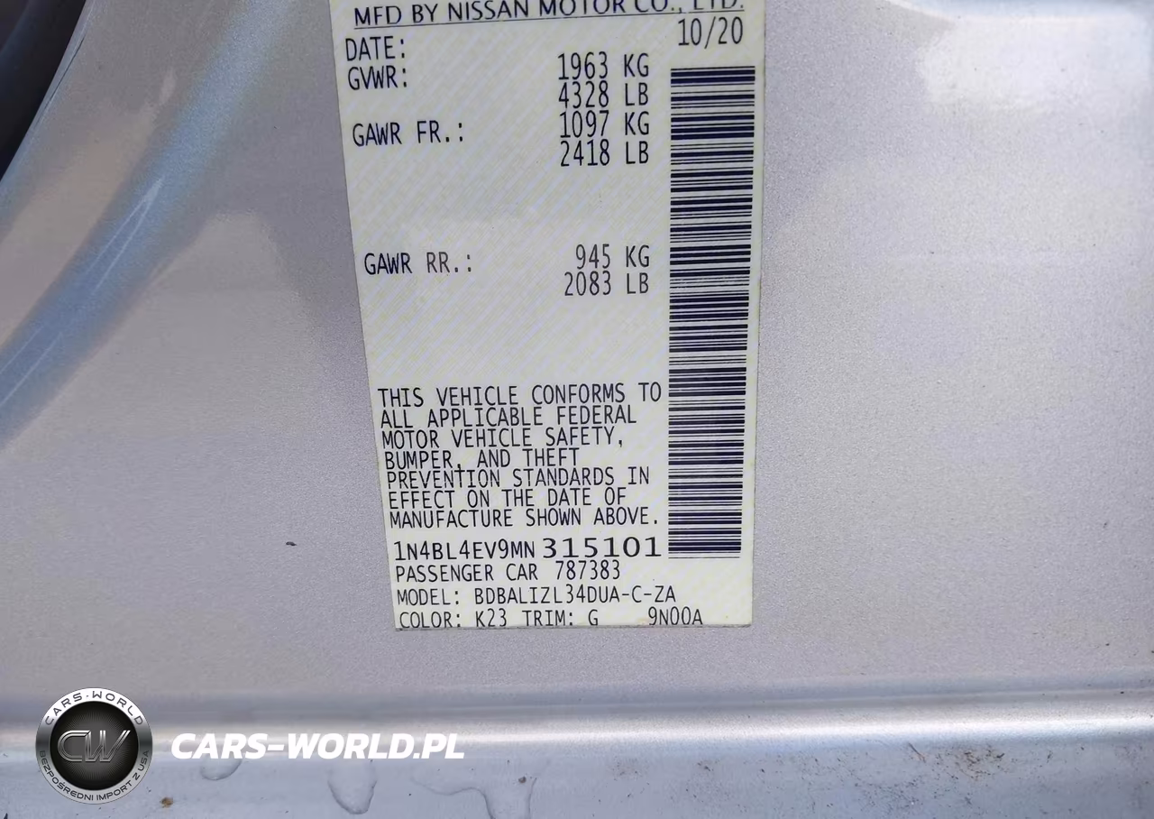 2021 Nissan Altima Sl Fwd VIN:1N4BL4EV9MN315101 - 9