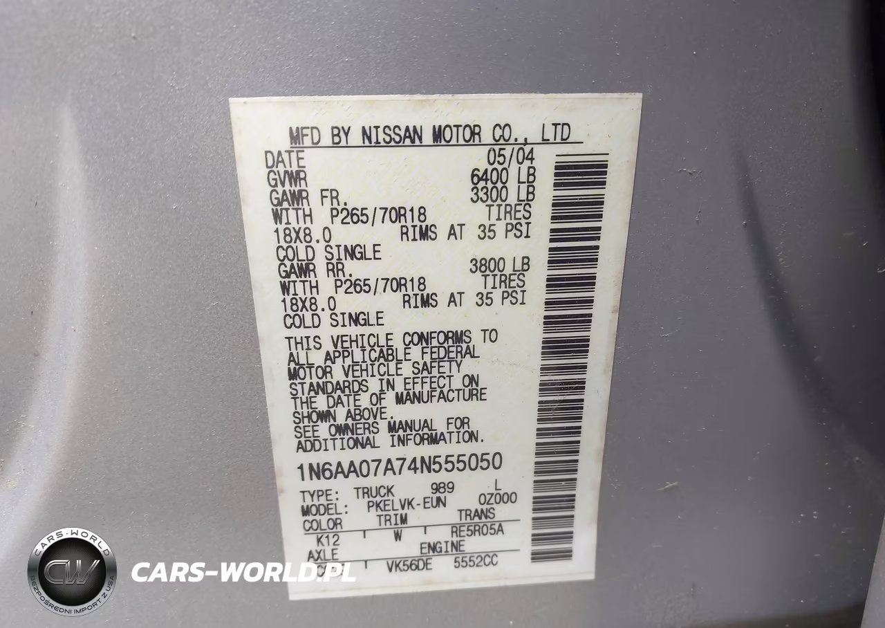 2004 Nissan Titan Le VIN:1N6AA07A74N555050 - 9