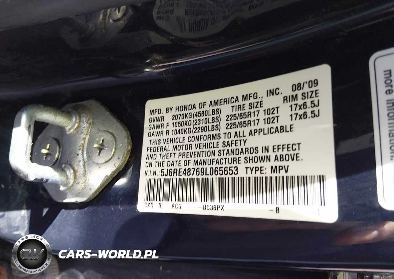 2009 Honda Cr-V Ex-L VIN:5J6RE48769L065653 - 9