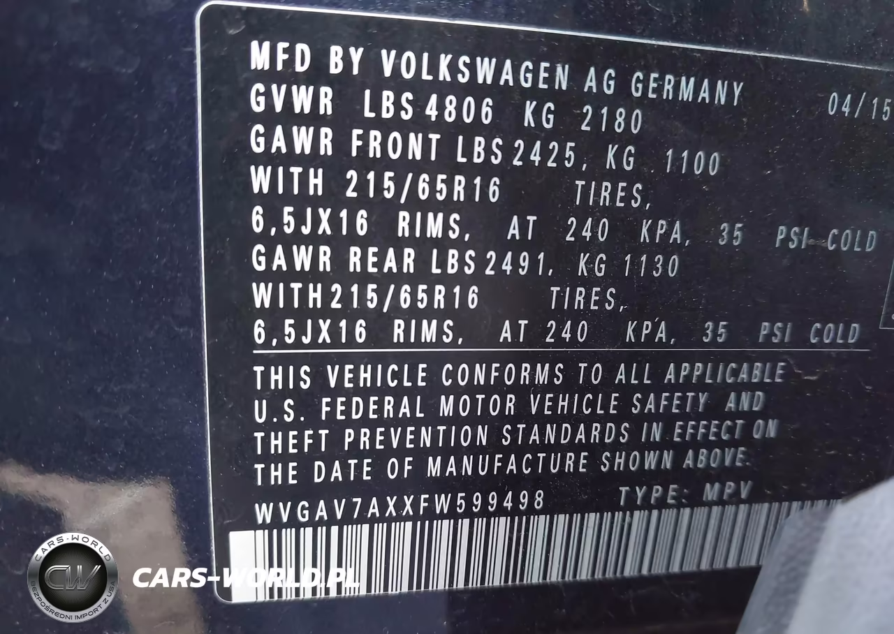2015 Volkswagen Tiguan S VIN:WVGAV7AXXFW599498 - 9
