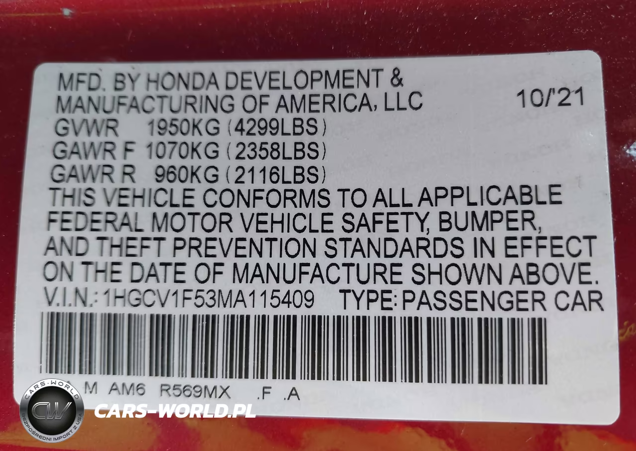 2021 Honda Accord Ex-L VIN:1HGCV1F53MA115409 - 9