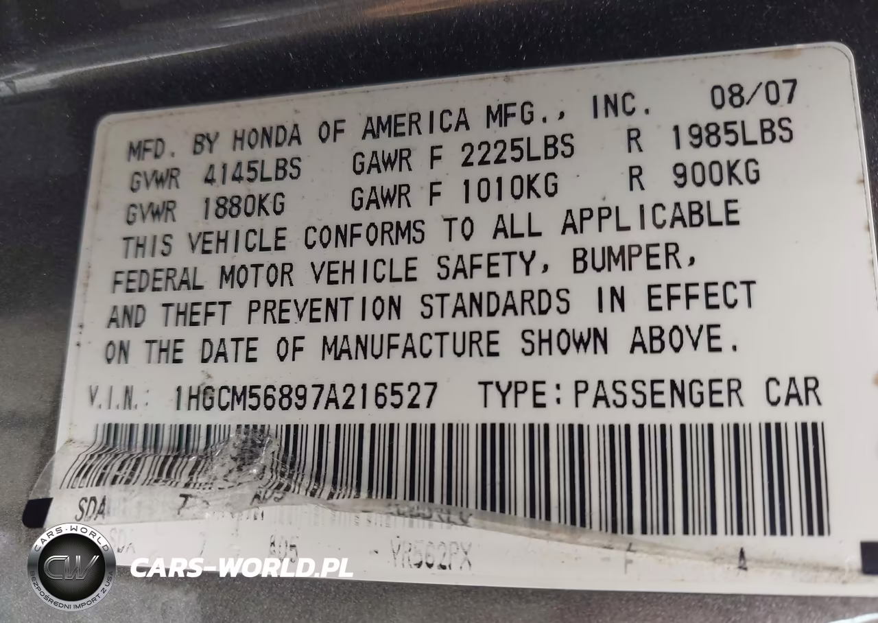 2007 Honda Accord 2.4 Ex VIN:1HGCM56897A216527 - 9