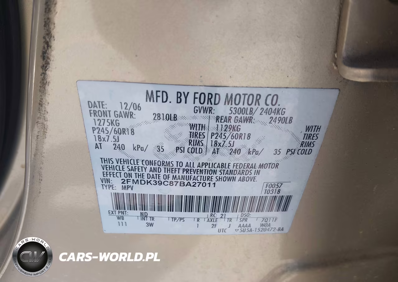 2007 Ford Edge Sel Plus VIN:2FMDK39C87BA27011 - 9
