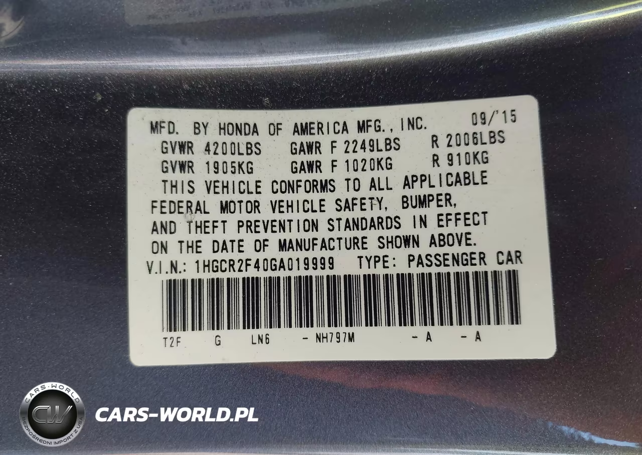 2016 Honda Accord Lx VIN:1HGCR2F40GA019999 - 9