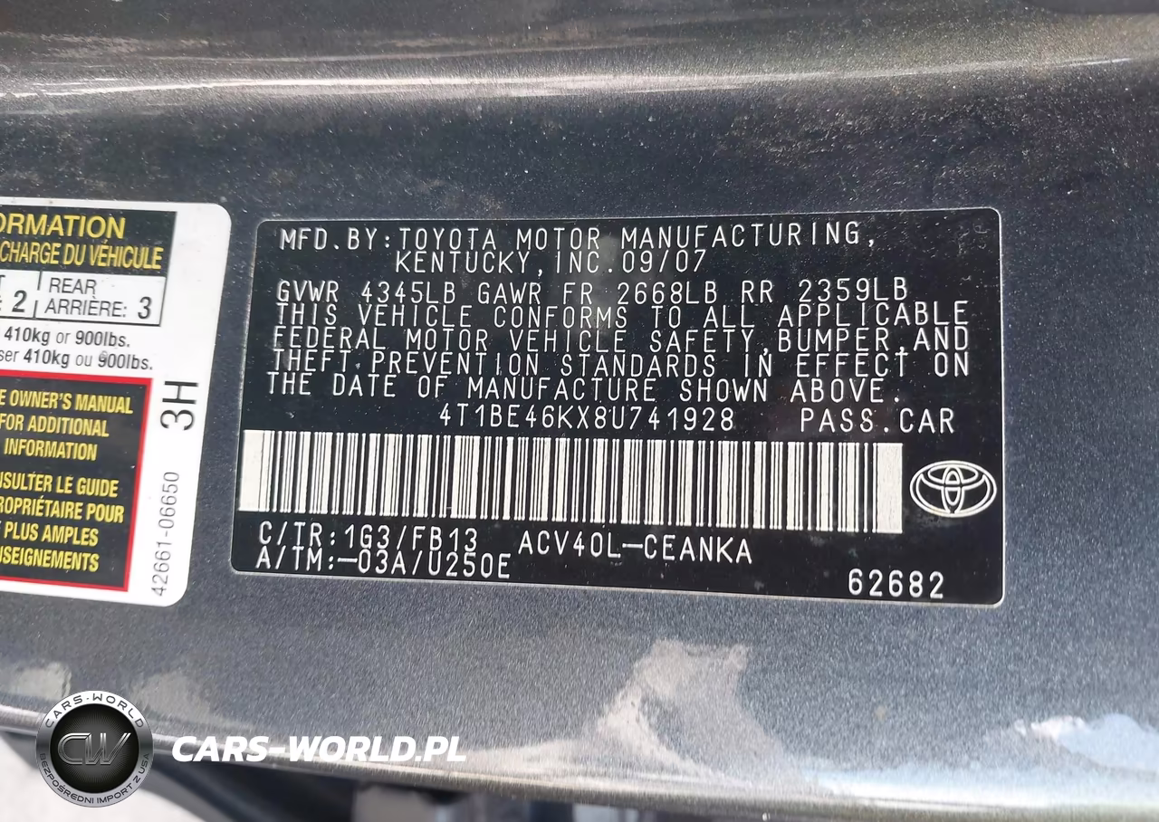 2008 Toyota Camry Le VIN:4T1BE46KX8U741928 - 9