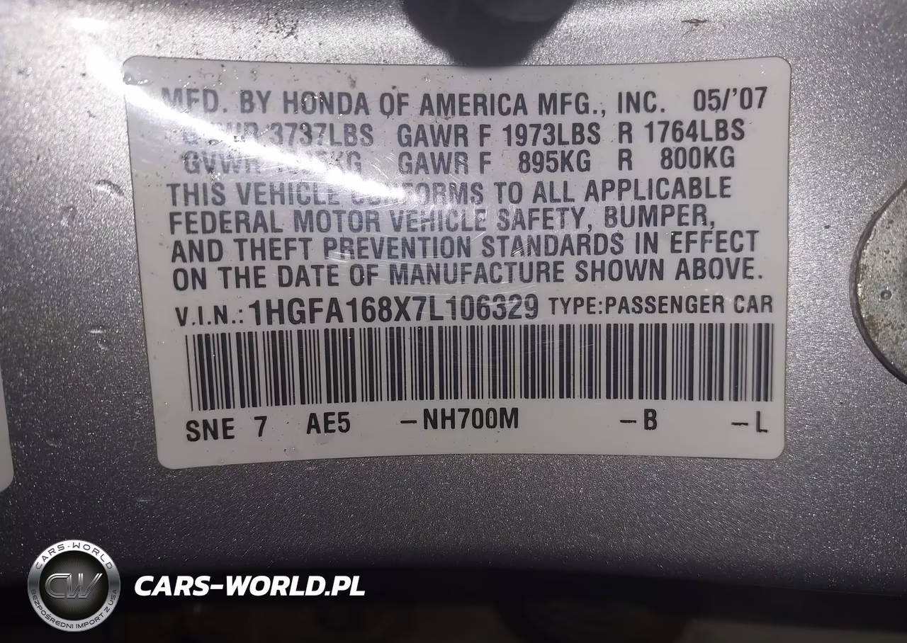 2007 Honda Civic Sdn Ex VIN:1HGFA168X7L106329 - 9