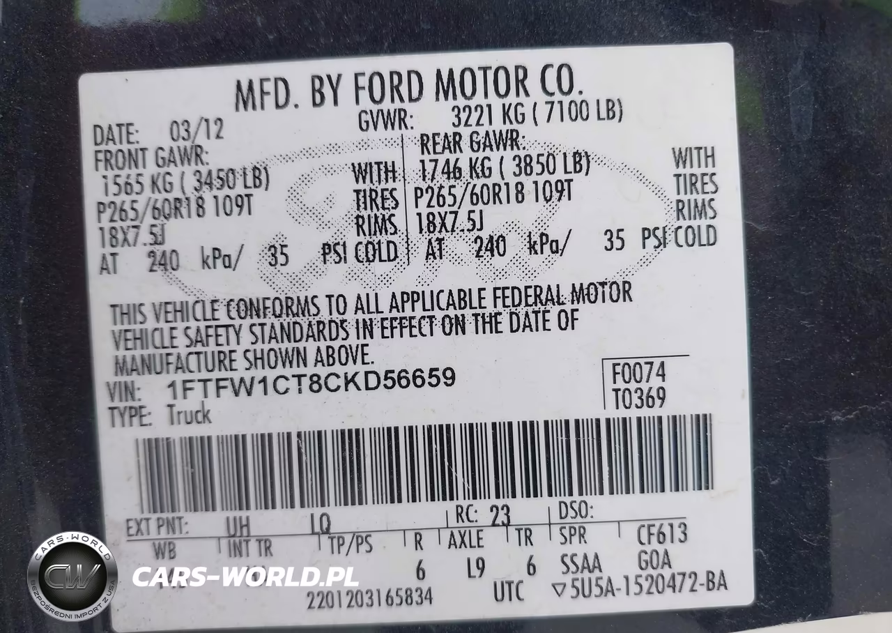2012 Ford F-150 Lariat VIN:1FTFW1CT8CKD56659 - 9