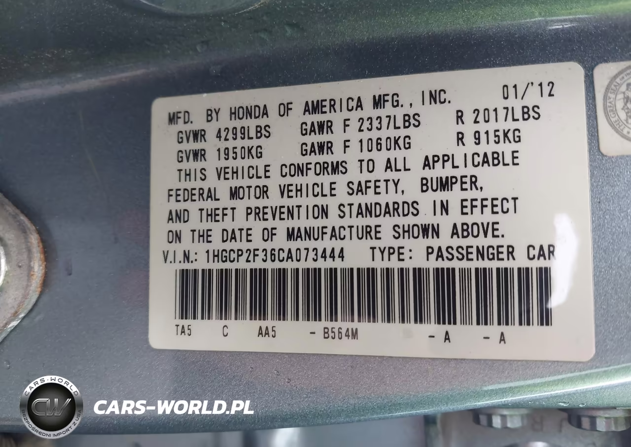 2012 Honda Accord Sdn Lx VIN:1HGCP2F36CA073444 - 9