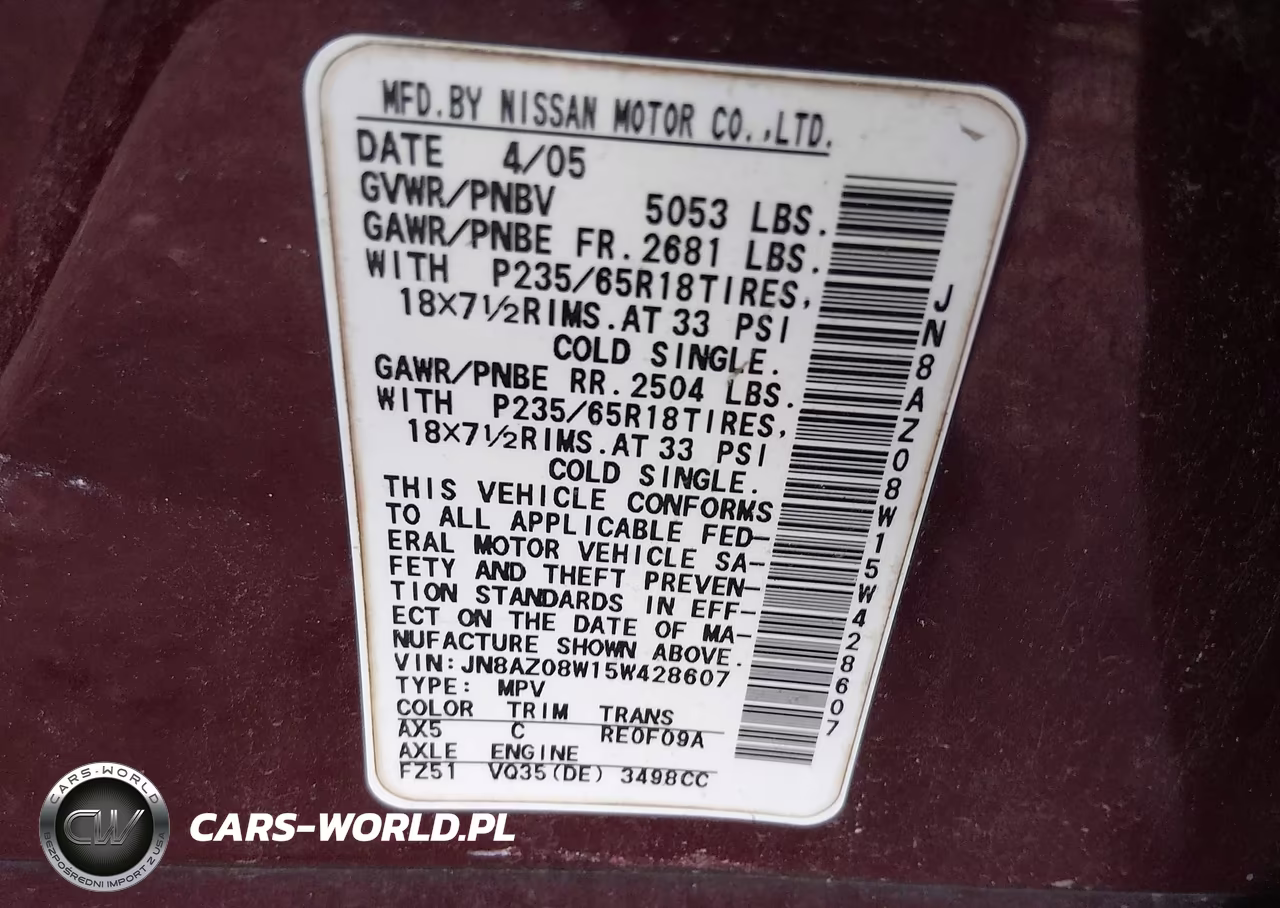2005 Nissan Murano Sl VIN:JN8AZ08W15W428607 - 9