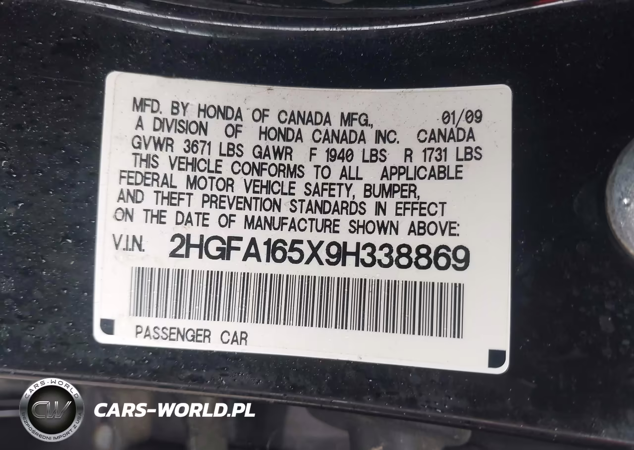 2009 Honda Civic Lx VIN:2HGFA165X9H338869 - 9