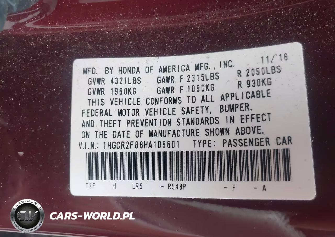2017 Honda Accord Ex-L VIN:1HGCR2F88HA105601 - 9