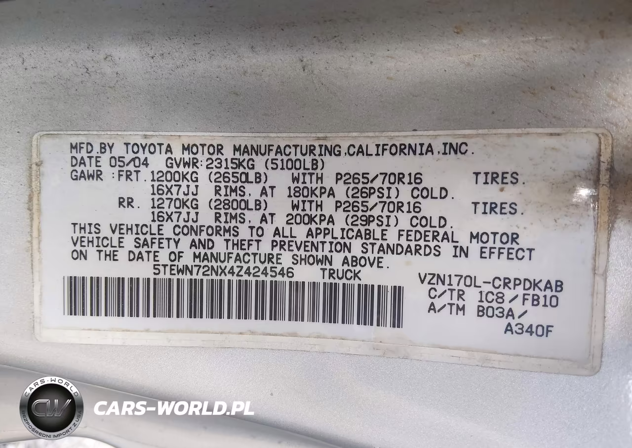 2004 Toyota Tacoma Base V6 (A4) VIN:5TEWN72NX4Z424546 - 9