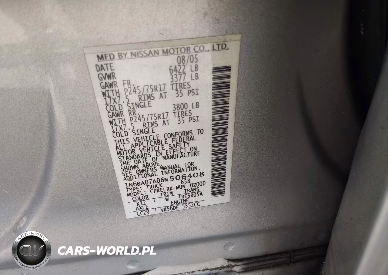 2006 Nissan Titan Xe VIN:1N6BA07A06N506408 - 9