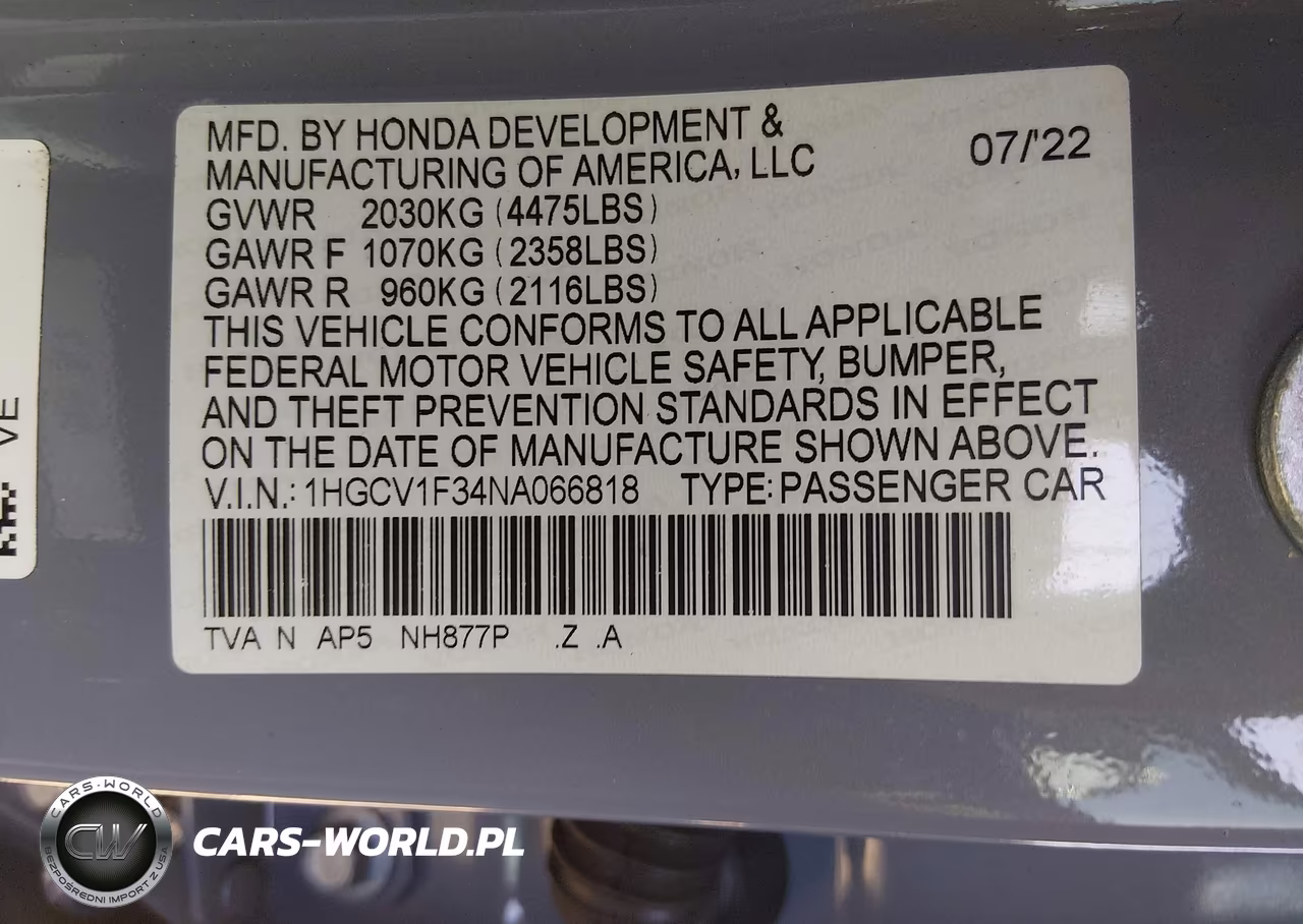 2022 Honda Accord Sport VIN:1HGCV1F34NA066818 - 9