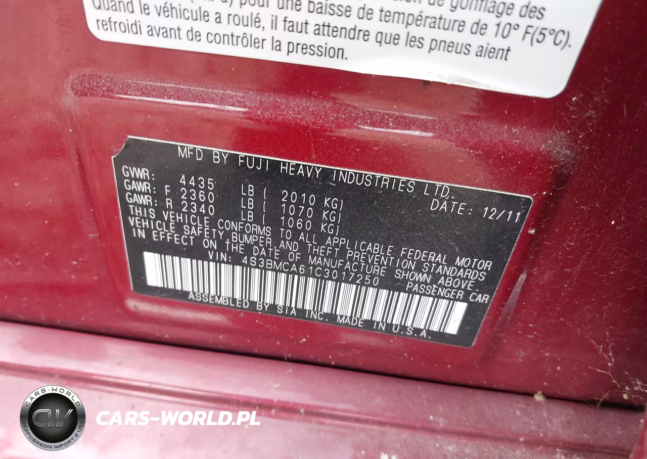 2012 Subaru Legacy 2.5I VIN:4S3BMCA61C3017250 - 9