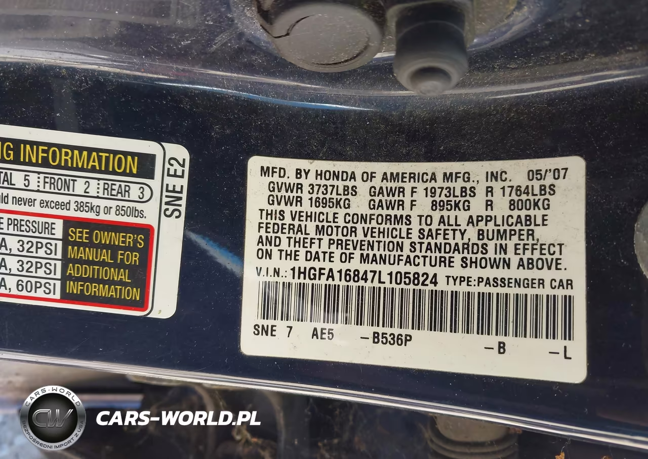 2007 Honda Civic Sdn Ex VIN:1HGFA16847L105824 - 9