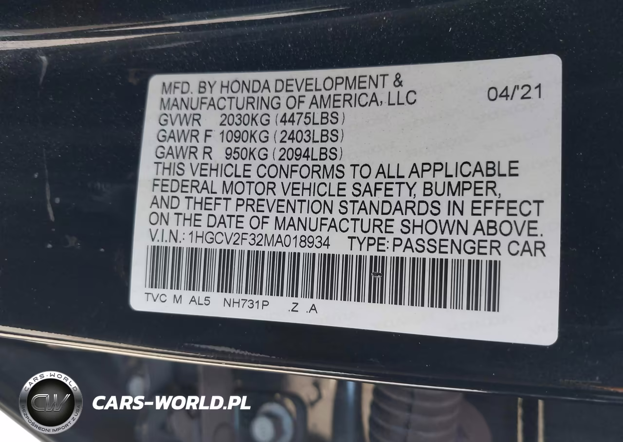 2021 Honda Accord Sport 2.0T VIN:1HGCV2F32MA018934 - 9