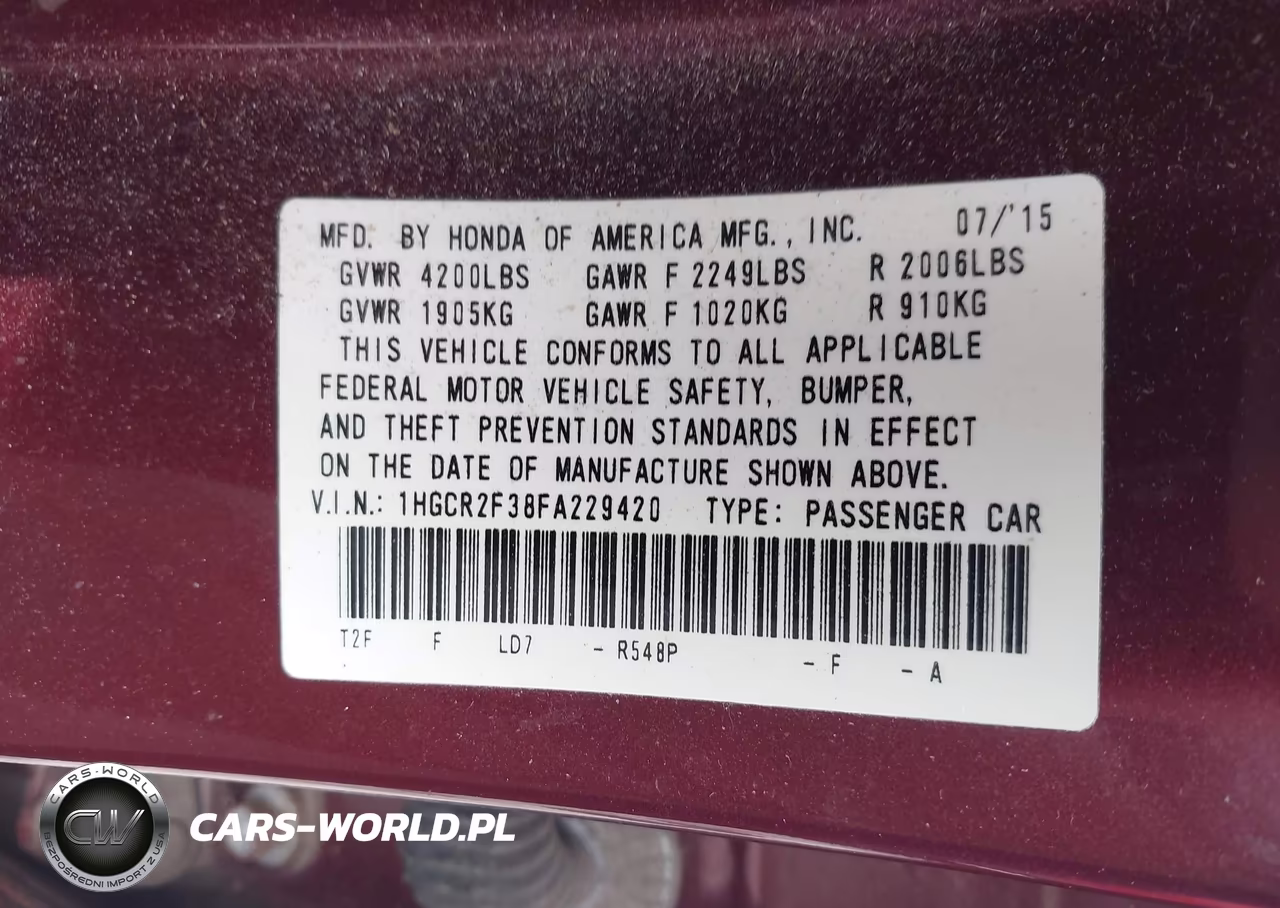 2015 Honda Accord Lx VIN:1HGCR2F38FA229420 - 9