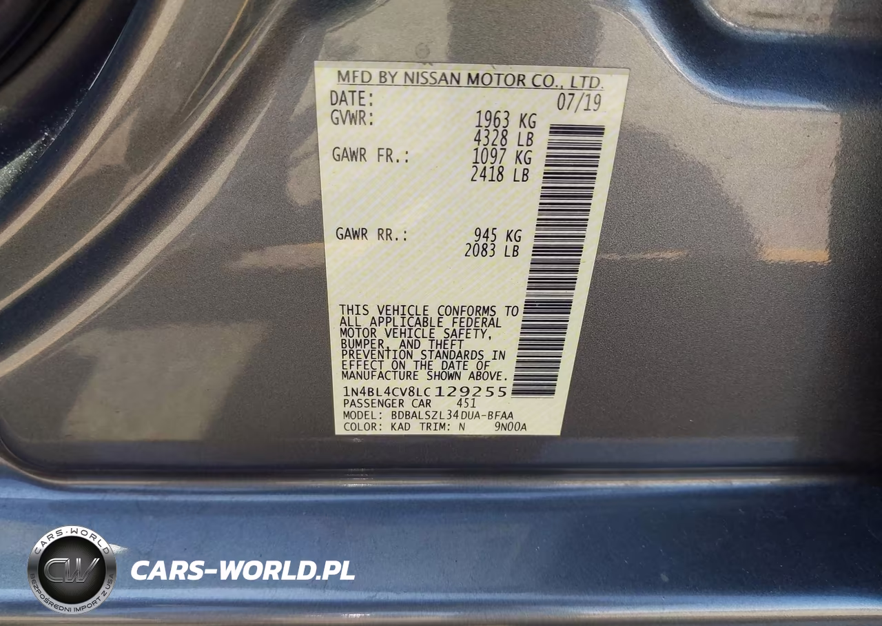 2020 Nissan Altima Sr Fwd VIN:1N4BL4CV8LC129255 - 9