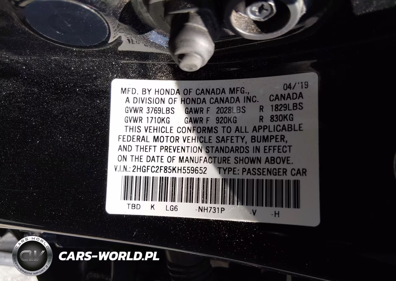 2019 Honda Civic Sport VIN:2HGFC2F85KH559652 - 9