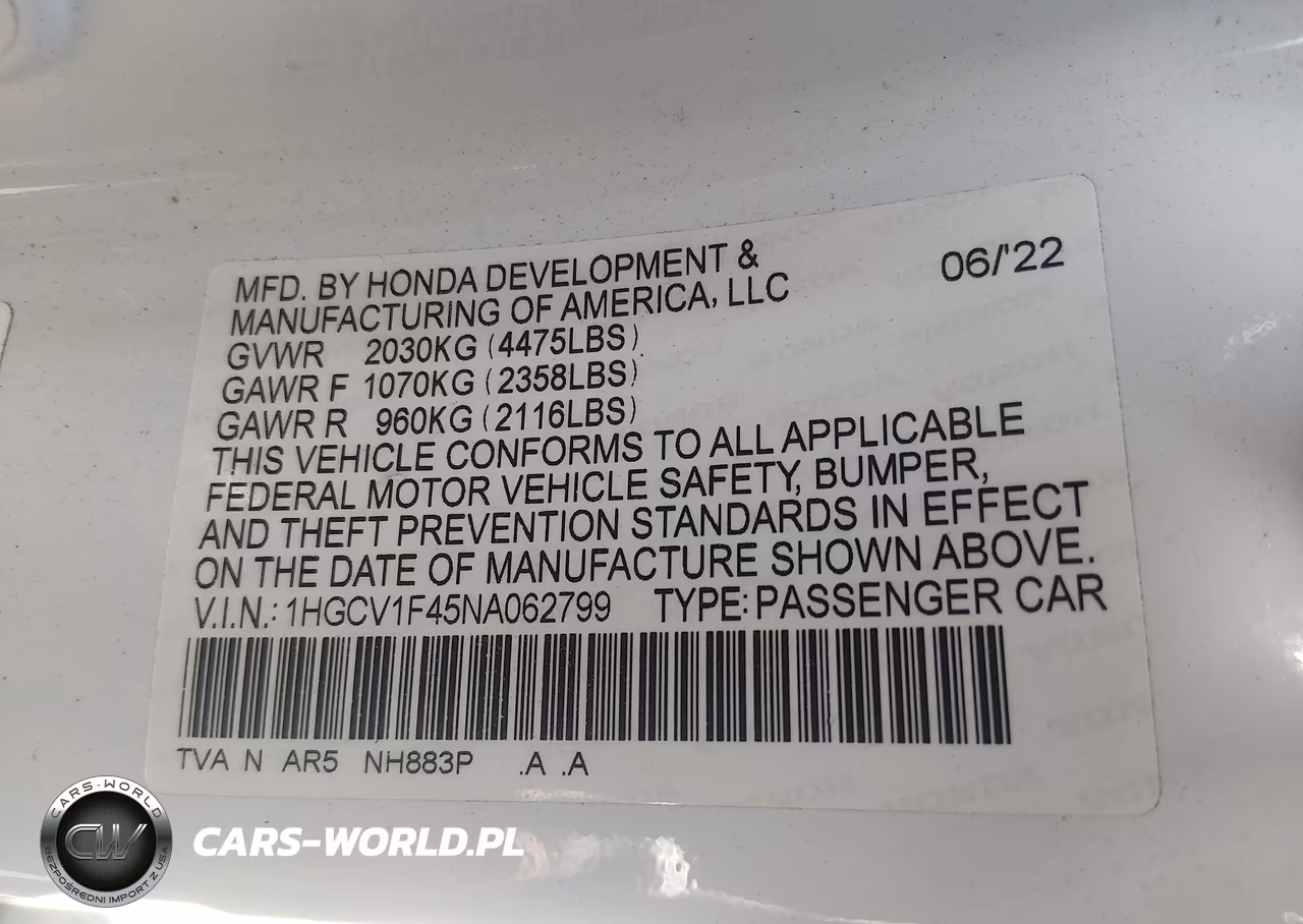 2022 Honda Accord Sport Special Edition VIN:1HGCV1F45NA062799 - 9