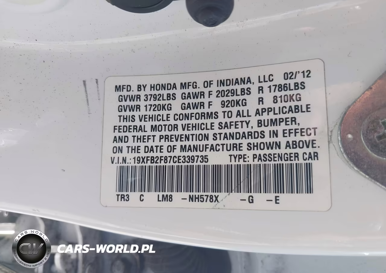 2012 Honda Civic Sdn Ex VIN:19XFB2F87CE339735 - 9
