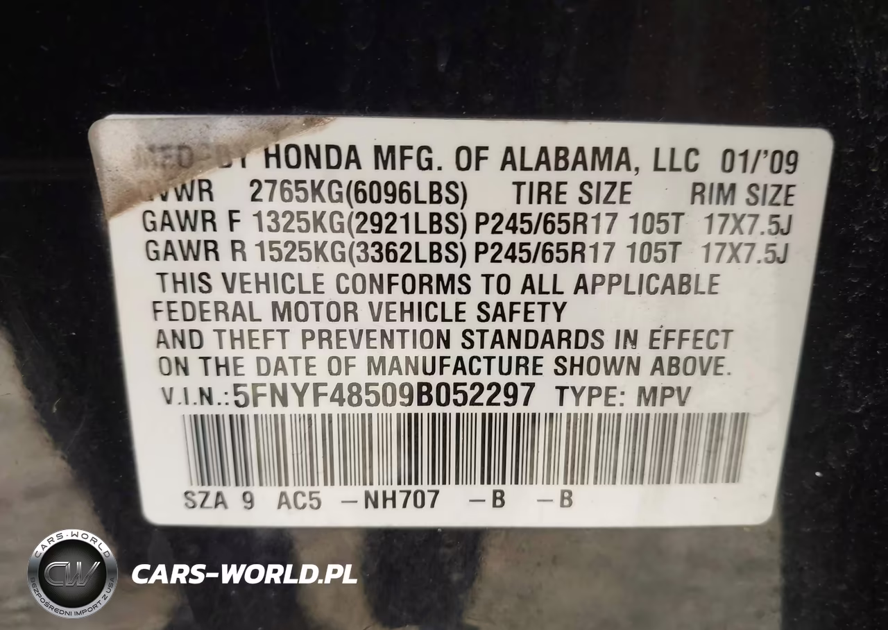 2009 Honda Pilot Ex-L VIN:5FNYF48509B052297 - 9