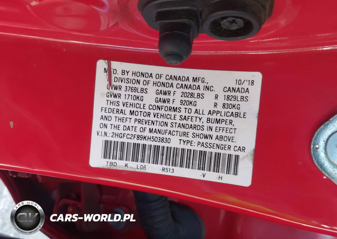 2019 Honda Civic Sport VIN:2HGFC2F89KH503830 - 9