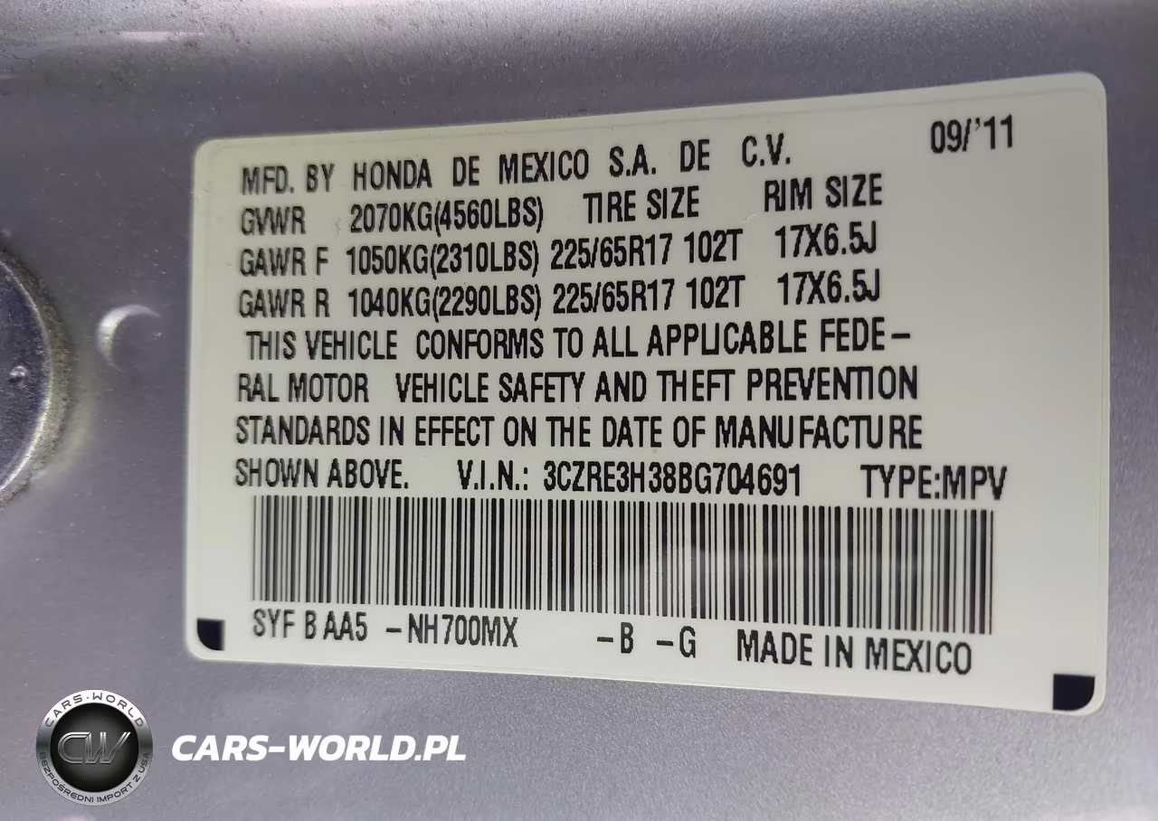 2011 Honda Cr-V Lx VIN:3CZRE3H38BG704691 - 9
