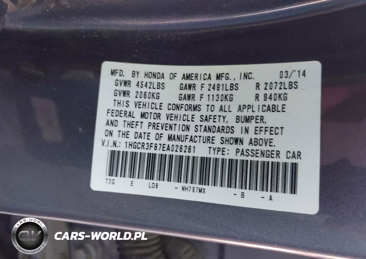 2014 Honda Accord Ex-L VIN:1HGCR3F87EA026261 - 9