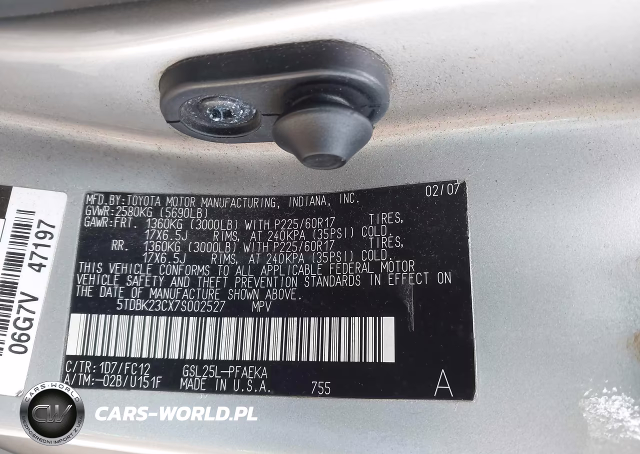2007 Toyota Sienna Le VIN:5TDBK23CX7S002527 - 9
