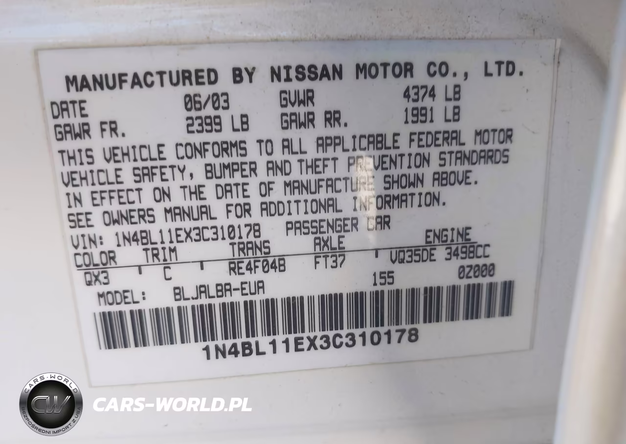 2003 Nissan Altima 3.5 Se VIN:1N4BL11EX3C310178 - 9