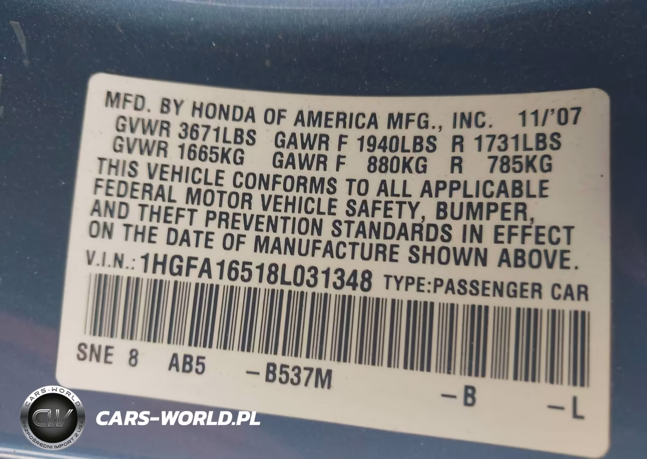 2008 Honda Civic Sdn Lx VIN:1HGFA16518L031348 - 9