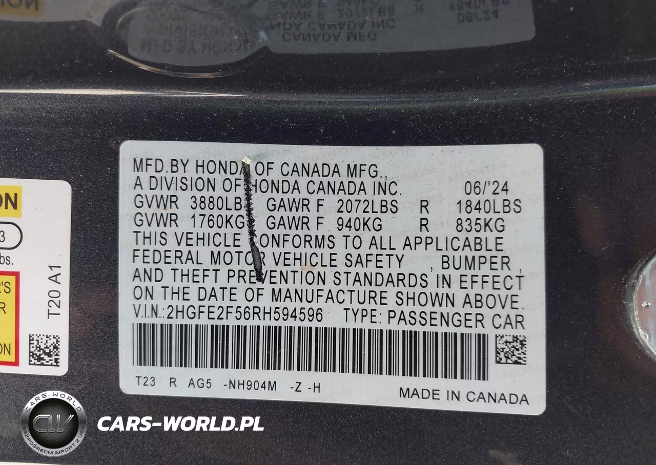 2024 Honda Civic Sport VIN:2HGFE2F56RH594596 - 9