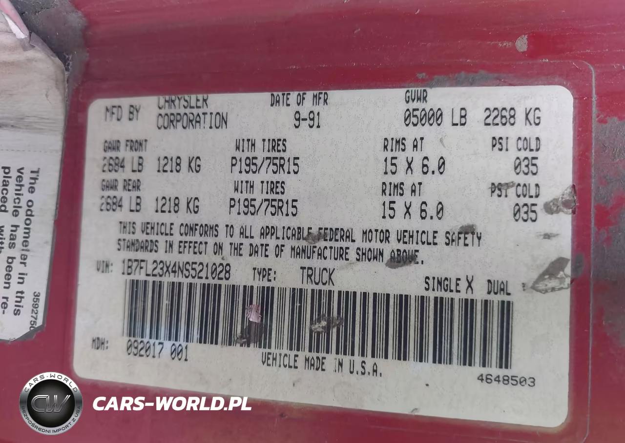 1992 Dodge Dakota VIN:1B7FL23X4NS521028 - 9