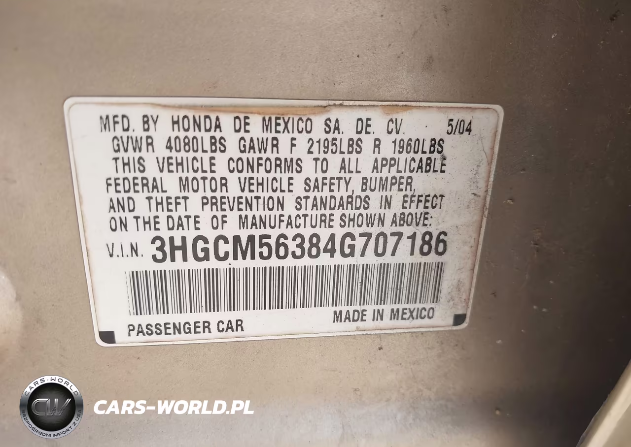 2004 Honda Accord 2.4 Lx VIN:3HGCM56384G707186 - 9