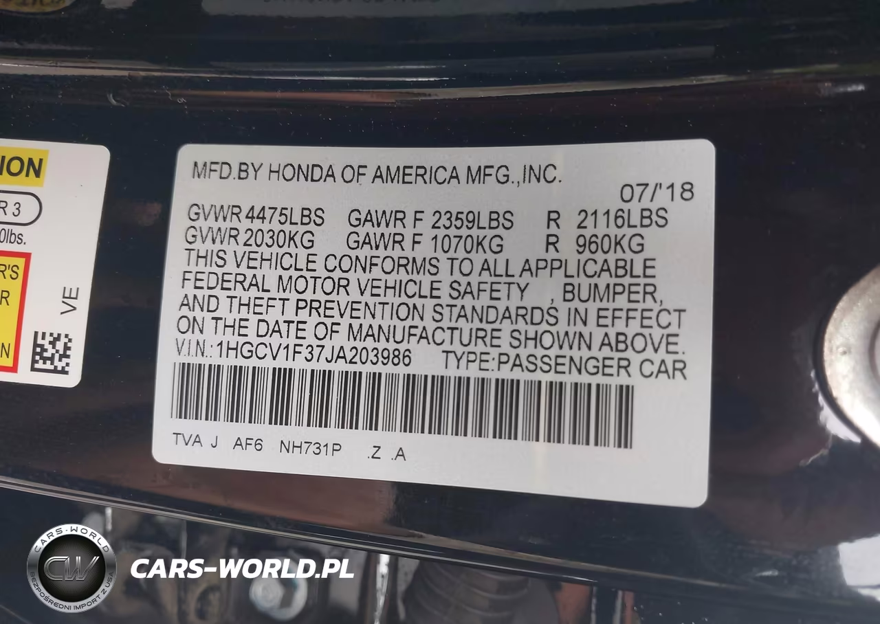 2018 Honda Accord Sport VIN:1HGCV1F37JA203986 - 9