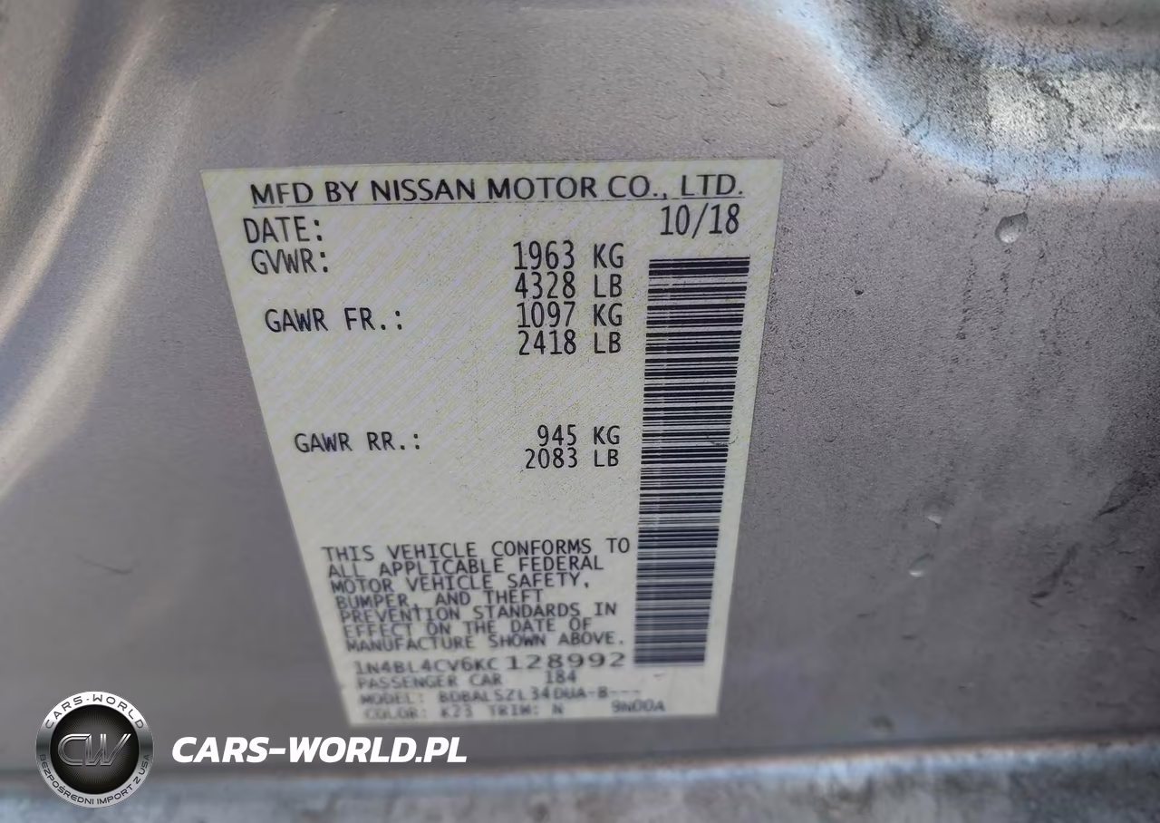 2019 Nissan Altima 2.5 Sr VIN:1N4BL4CV6KC128992 - 9