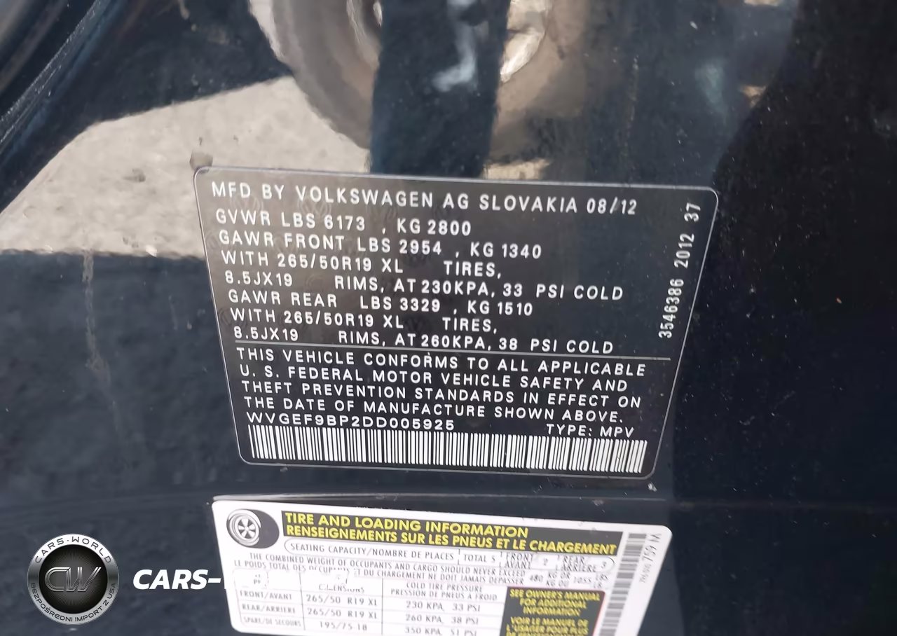 2013 Volkswagen Touareg Lux VIN:WVGEF9BP2DD005925 - 9