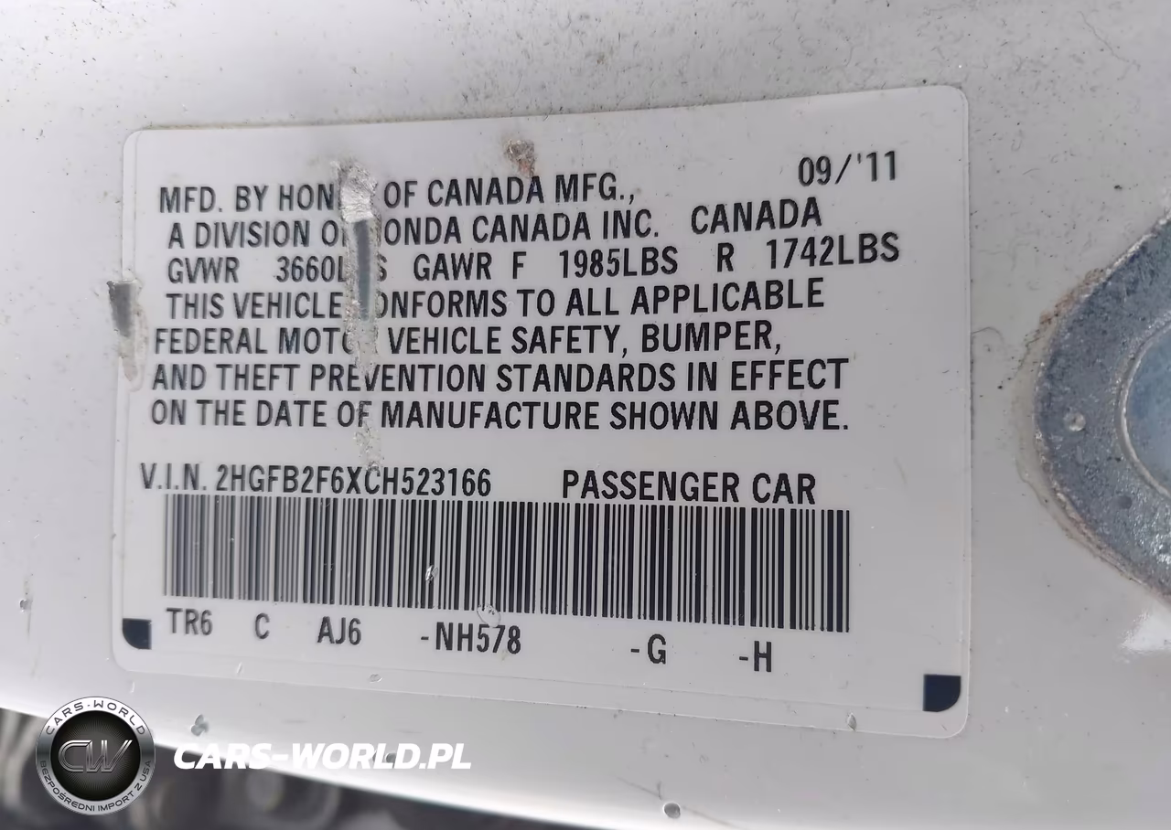 2012 Honda Civic Sdn Hf VIN:2HGFB2F6XCH523166 - 9