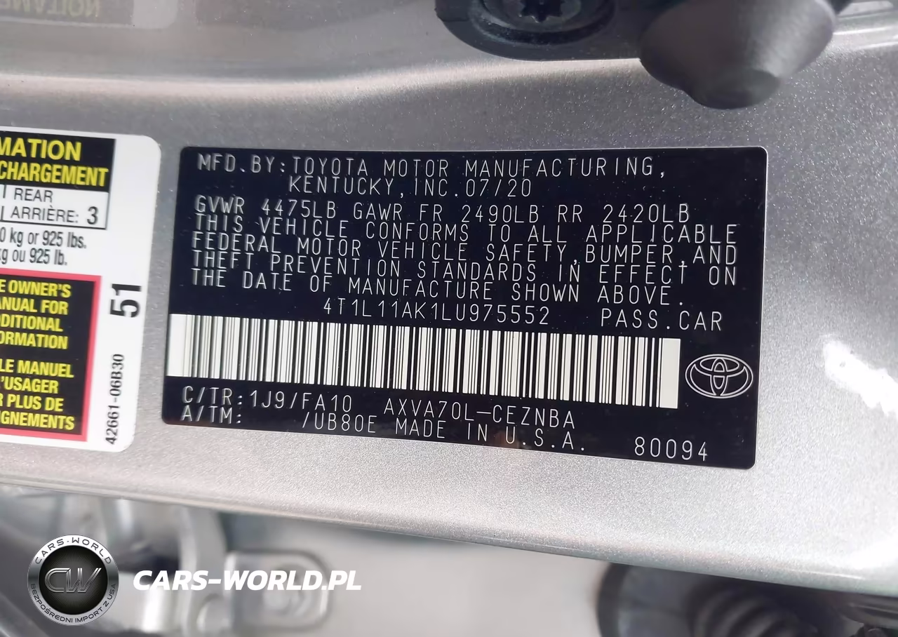 2020 Toyota Camry Le VIN:4T1L11AK1LU975552 - 9