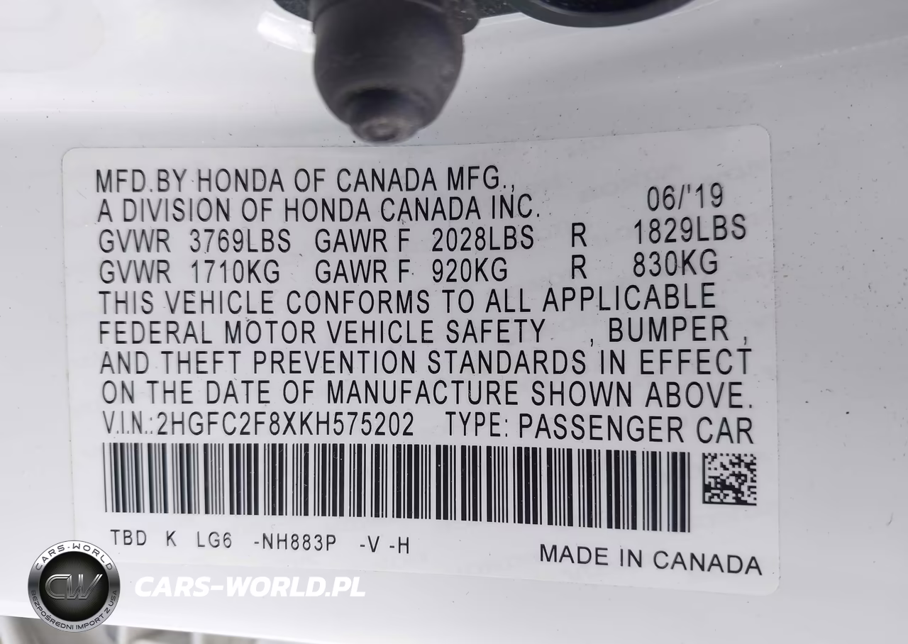 2019 Honda Civic Sport VIN:2HGFC2F8XKH575202 - 9