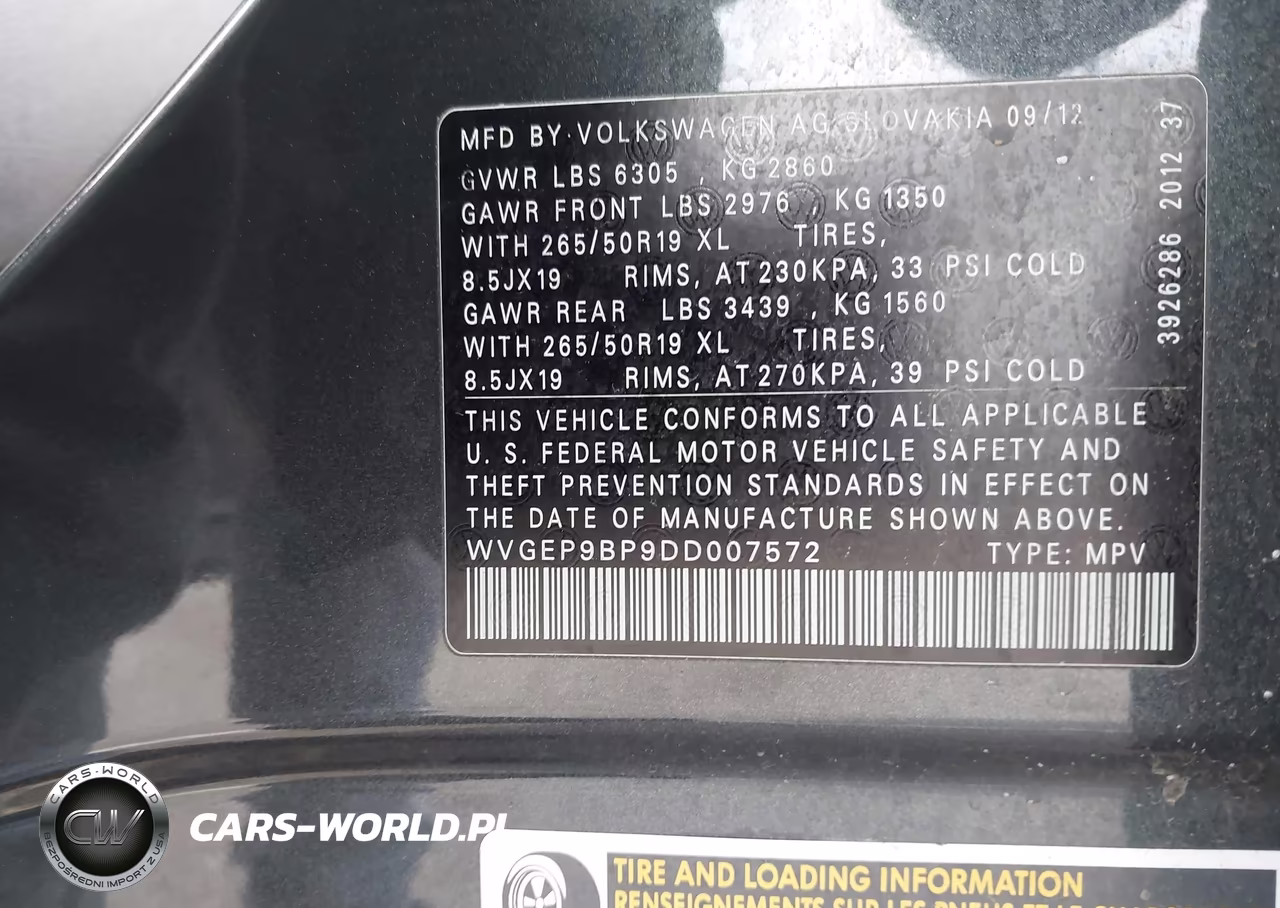 2013 Volkswagen Touareg Lux VIN:WVGEP9BP9DD007572 - 9