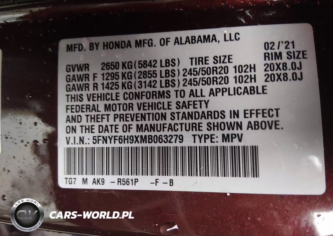 2021 Honda Piloto Awd Touring 8 Passenger VIN:5FNYF6H9XMB063279 - 9