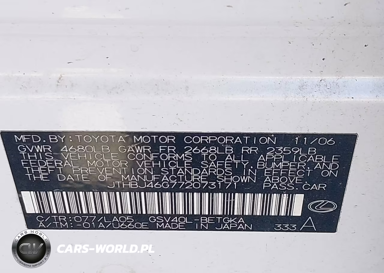 2007 Lexus Es 350 VIN:JTHBJ46G772073171 - 9