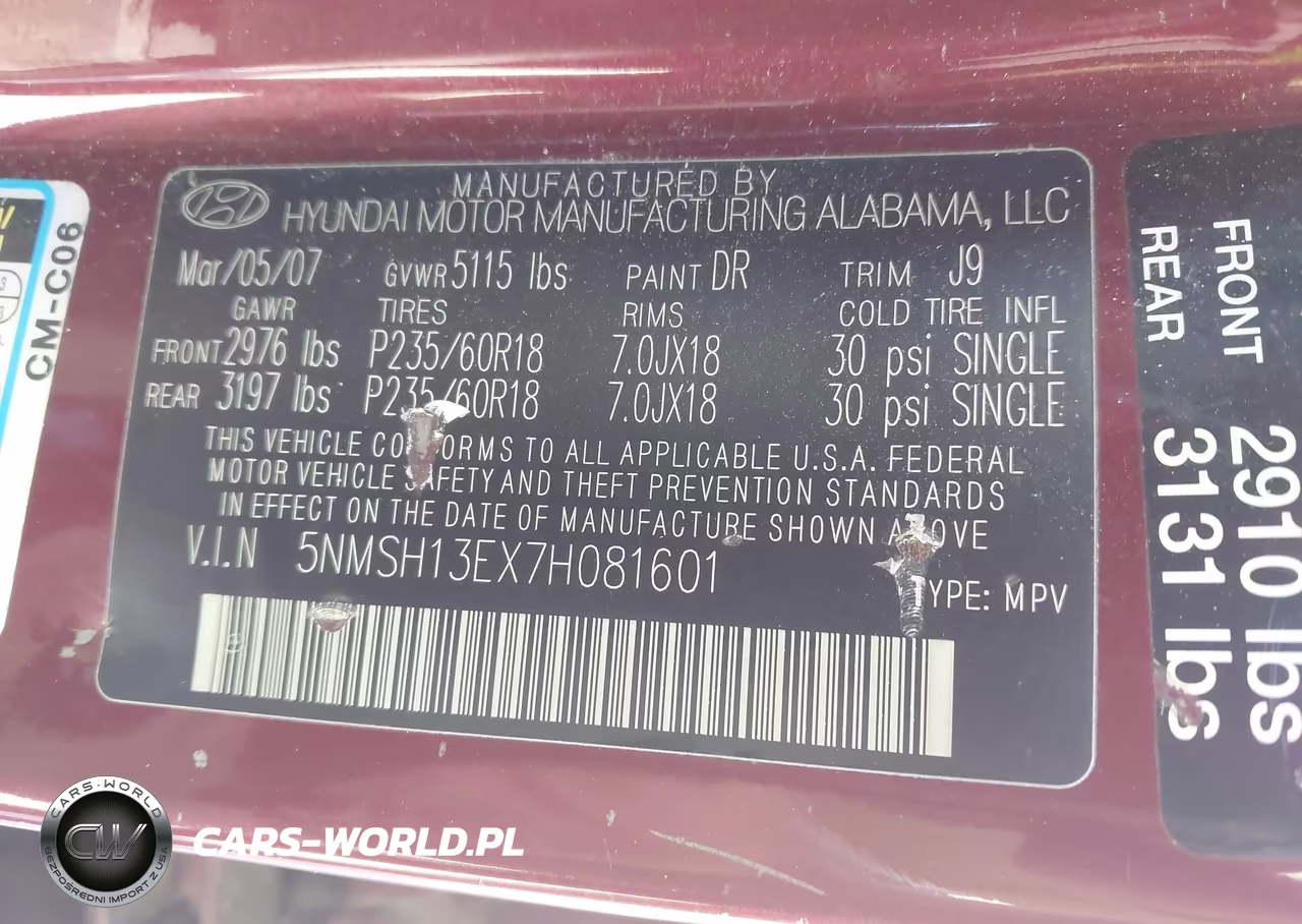 2007 Hyundai Santa Fe Limited-Se VIN:5NMSH13EX7H081601 - 9