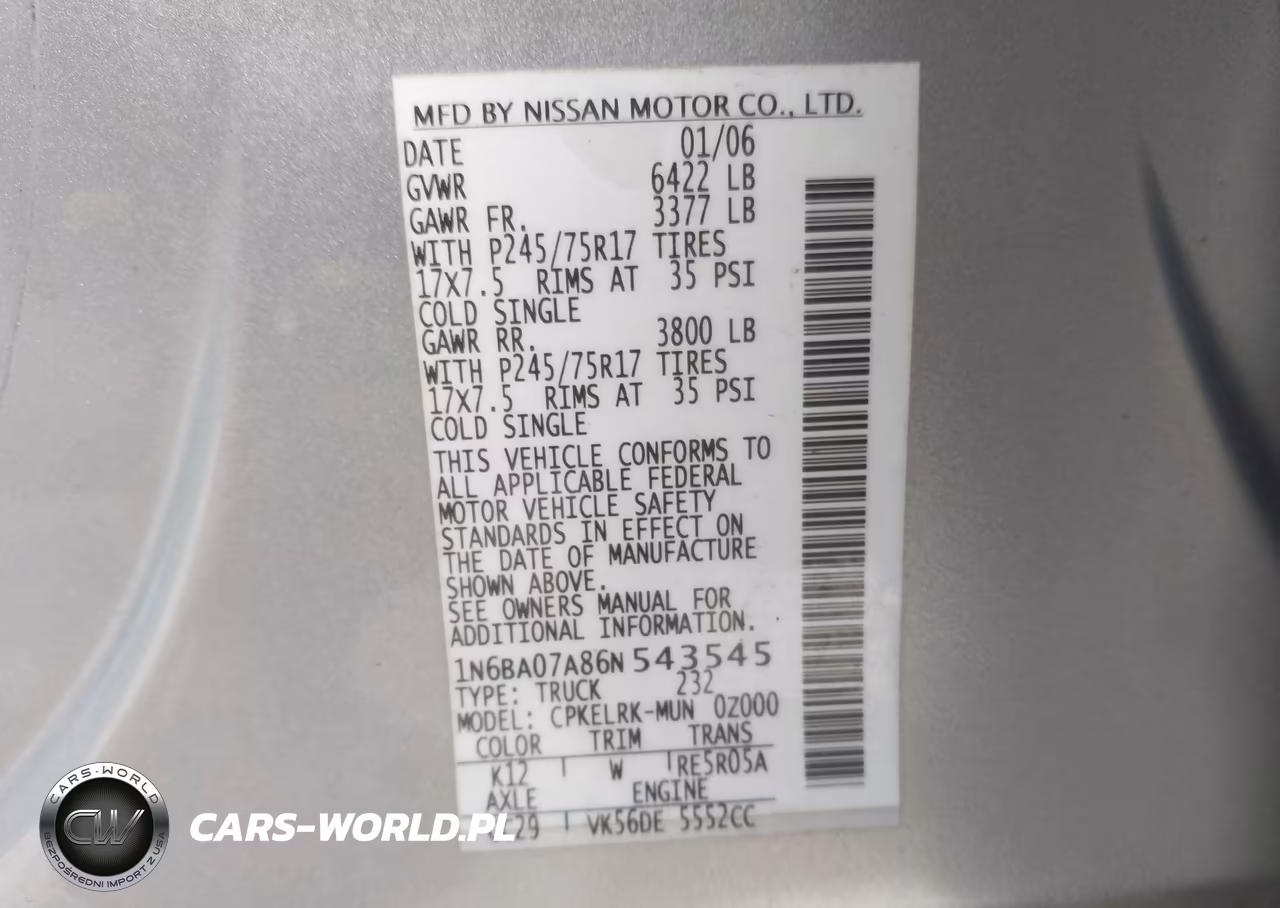 2006 Nissan Titan Xe VIN:1N6BA07A86N543545 - 9