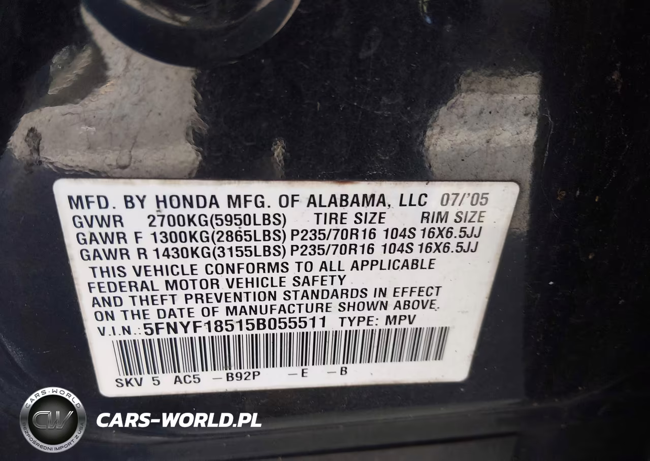 2005 Honda Pilot Ex-L VIN:5FNYF18515B055511 - 9
